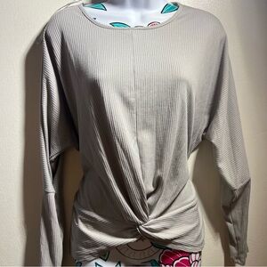 Pink Rose Gray Twist Front Long Sleeve Blouse